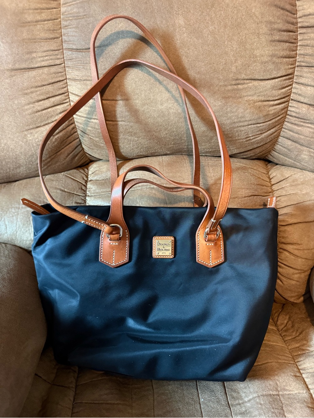 Dooney & Bourke Black Nylon Tote with Brown Leather Trim